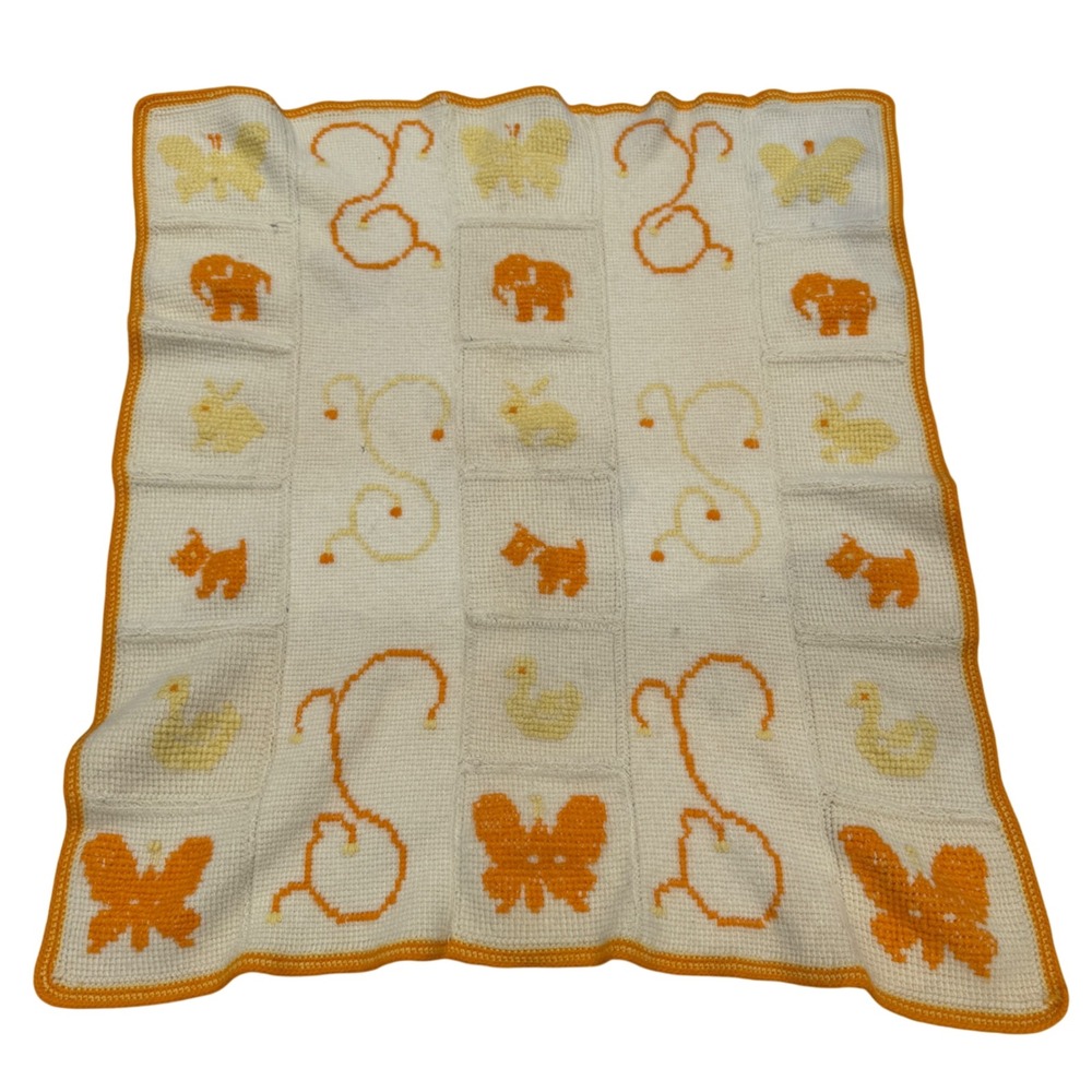 Handmade Vintage Baby Blanket White Orange Yellow Animal Duck Dog Crochet Afghan